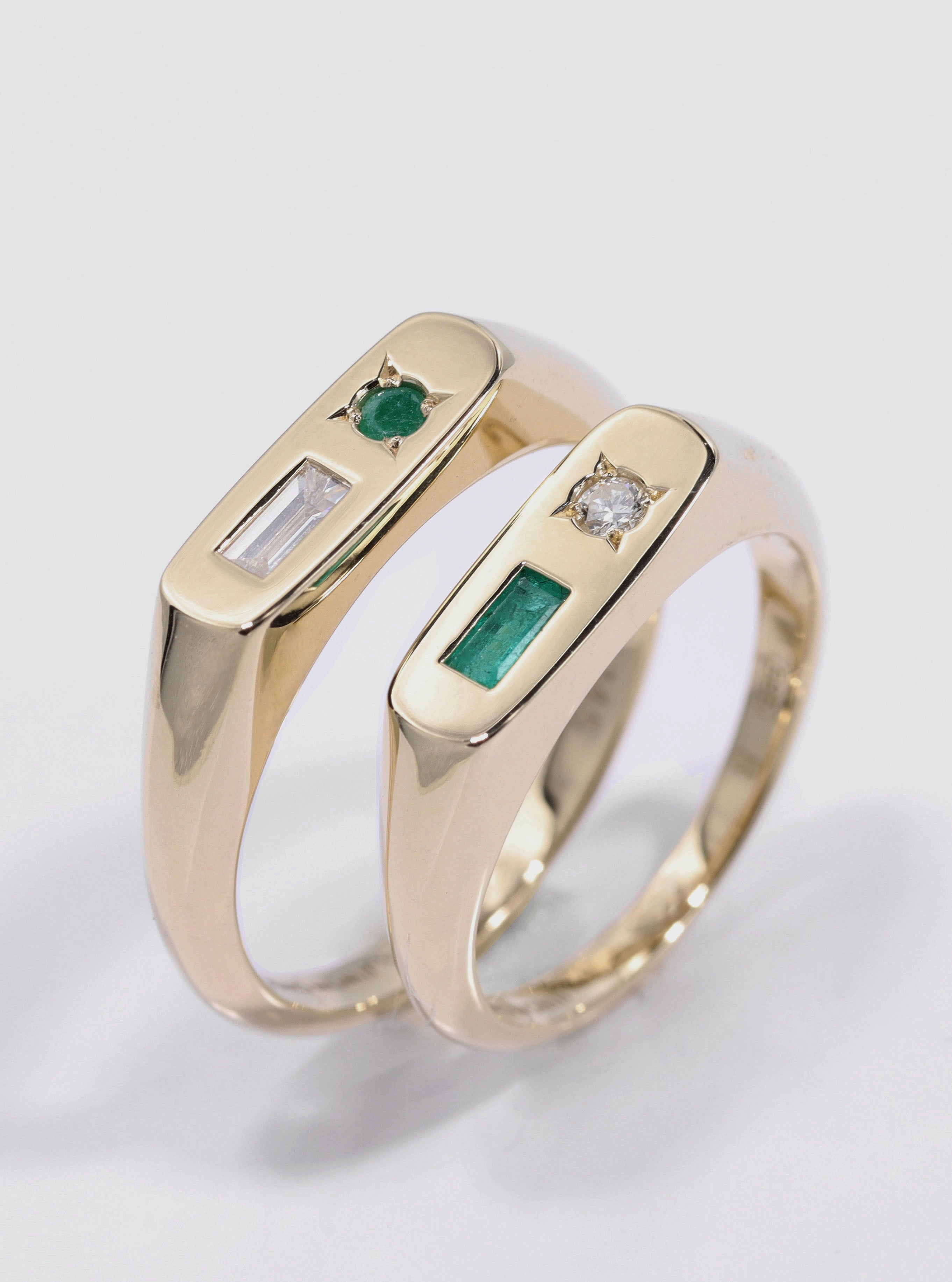 Custom 14K Yellow Gold Matching Rings with Natural Emerald and Diamond