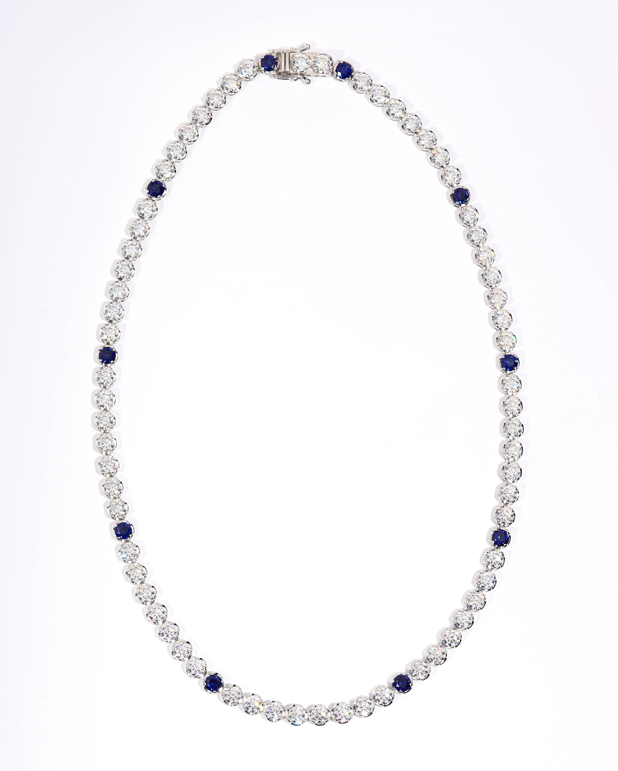Custom 18K White Gold Crown Tennis Chain Necklace with Natural Blue Sapphires and Diamonds