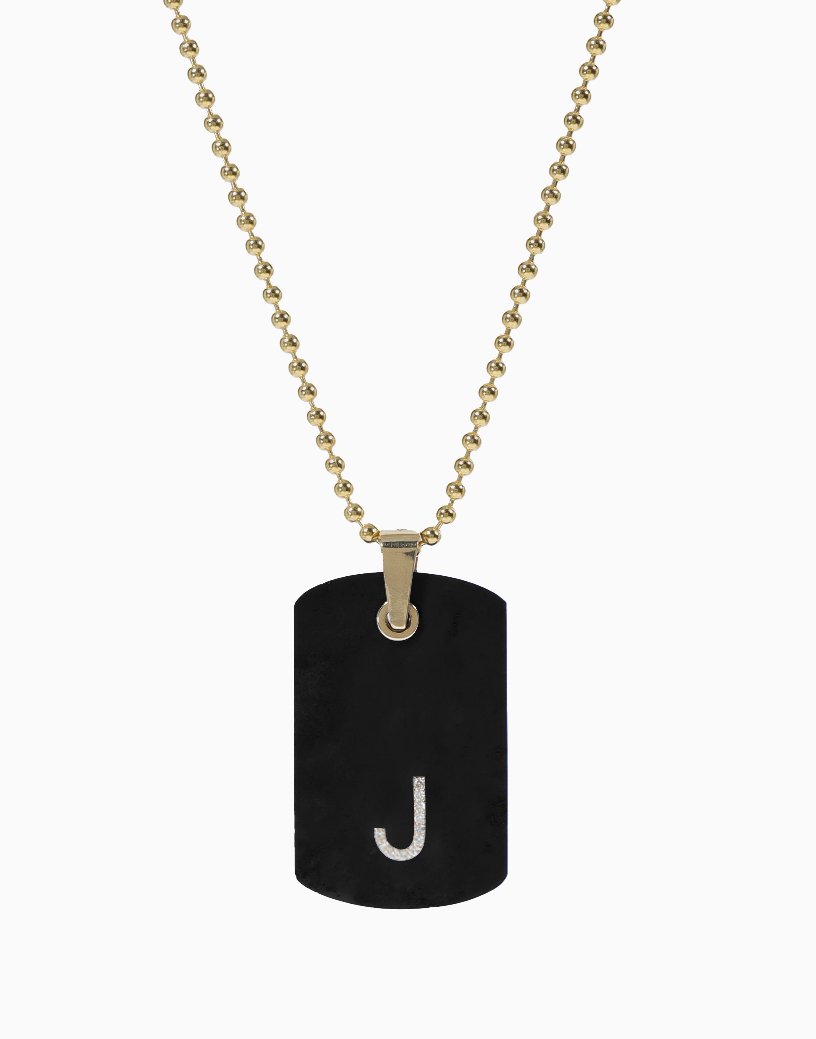 Black Onyx Dog Tag Pendant 14K Gold with Custom Diamond Letter
