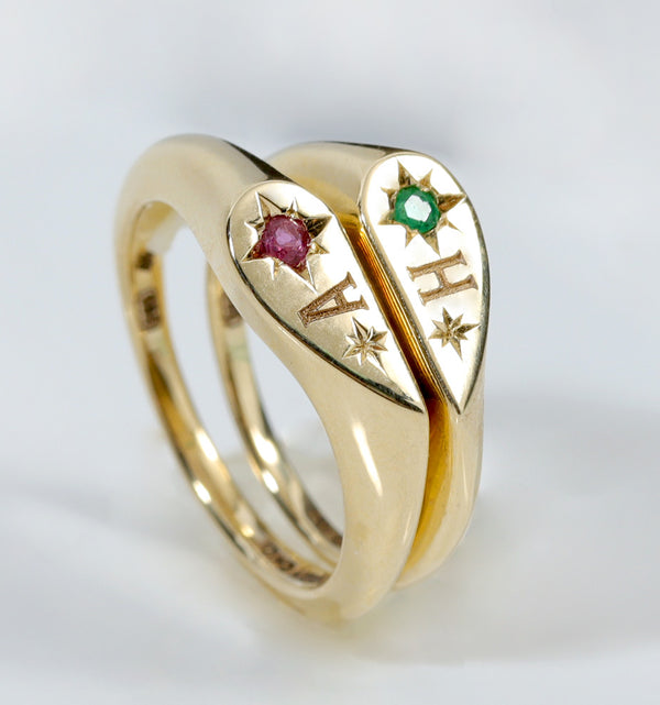 14K Gold Couple Rings with Natural Garnet and Emerald