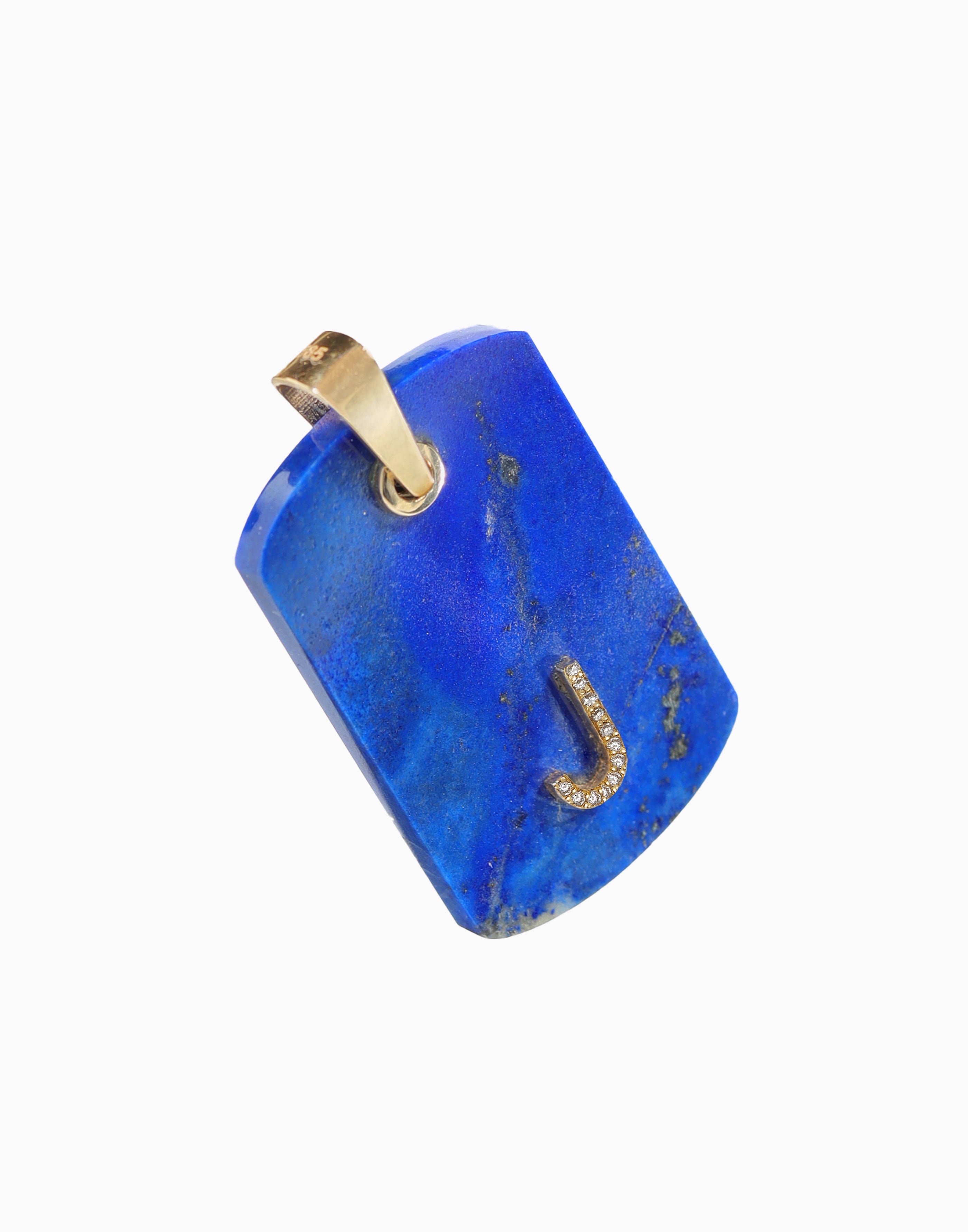 Lapis Lazuli Dog Tag Pendant 14K Gold with Custom Diamond Letter
