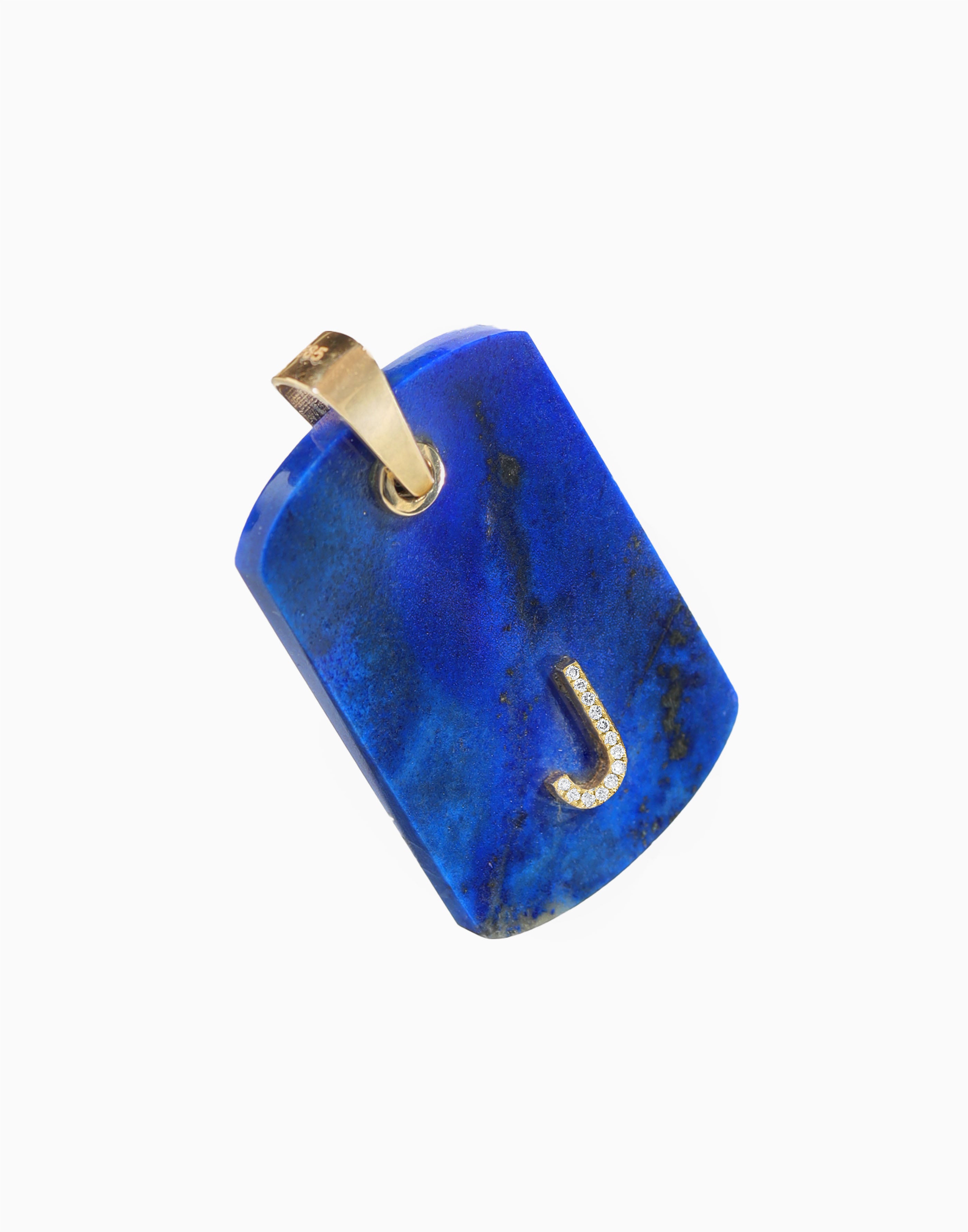 Lapis Lazuli Dog Tag Pendant 14K Gold with Custom Diamond Letter